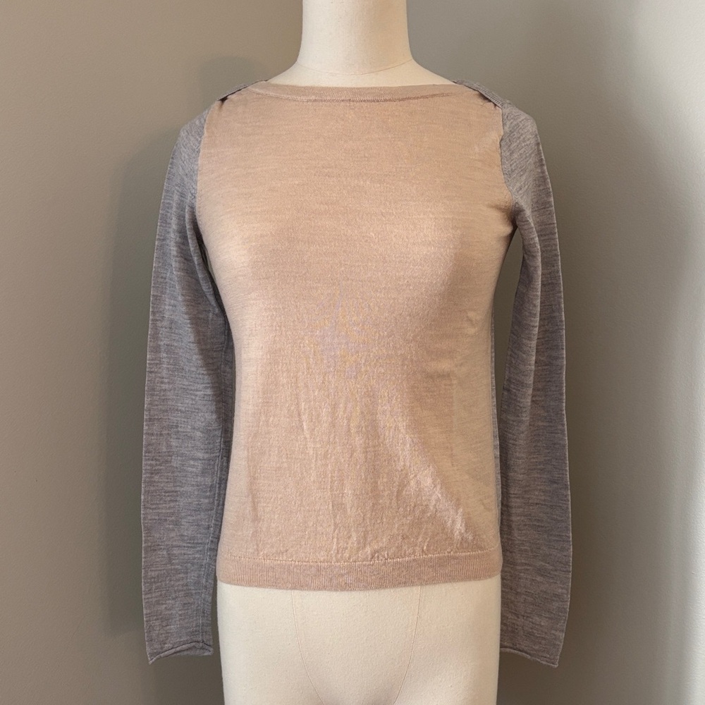 Club Monaco Beige and Gray Merino Wool Crew Neck Sweater Sz XS/S